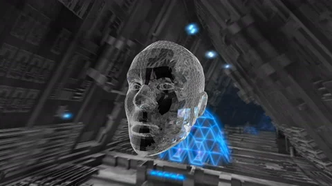 Dark spaceship interior with neon an lowpoly human head. Seamless animation of Vidéo 99619552