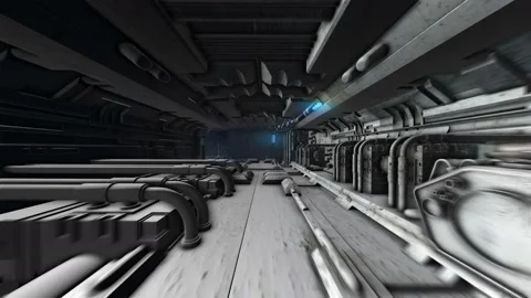 Dark spaceship interior. Seamless animation of the camera moving through the Stock Footage 99619707
