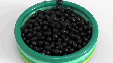 Dark Sphere Balls Filling Inflatable Pool 3D Render 4K Stock Footage 332761249