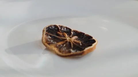 A dark, spoiled, dry piece of lemon or orange on a plate. Concept: dehydration Stock-Footage 295063512
