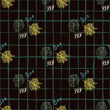 Dark spooky seamless pattern with bright spider web silhouettes. Black backgr Illustrazione stock