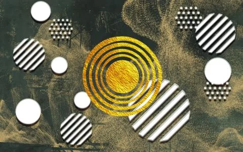 Dark spotted background, geometric abstraction from white and a gold circle Stock Illustration