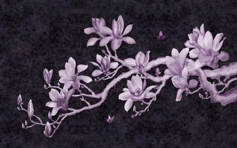 Dark spotted background, light purple branch with magnolia flowers Stock Illustration
