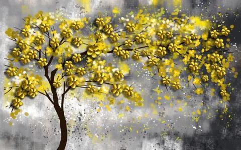 Dark spotted background, thin curved tree with yellow flowers Stock Illustration