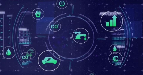 Dark star grid filling frame, core ring rotating, icons pulsing and panels Stock Footage 320287965