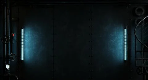 Dark Steampunk Wall Background with Blue Neon Tube Lights Stock Illustration
