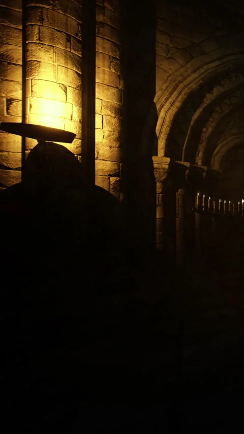 Dark stone corridor with glowing lanterns next to iron bars Stock Footage 330449631