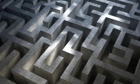 Dark stone labyrinth with dramatic light. Maze pattern Illustrazione stock