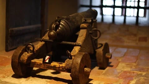 Dark stone prison inside a medieval castle, rusty bars, chains, 4K ultra HD. Stock-Footage 321152846