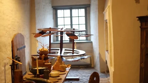 Dark stone prison inside a medieval castle, rusty bars, chains, 4K ultra HD. Stock Footage 321153667