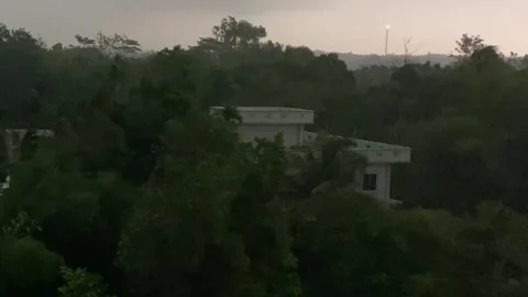 Dark storm beginning with strong winds in dense forest with building Stock Footage 345096830