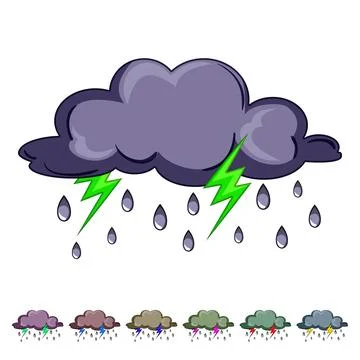 Dark storm cloud raining with yellow lightning bolts Stock Illustration