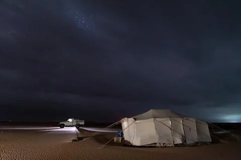 Dark storm clouds in the desert camel farm. Stock Photos