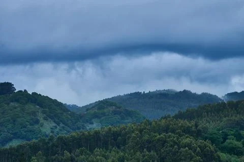 Dark storm clouds gathering over green forest hills Photos