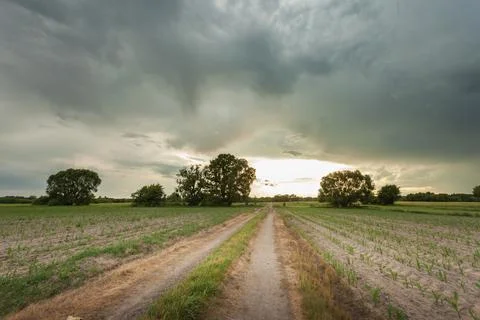 Dark storm clouds over dirt road and rural fields Stock Photos