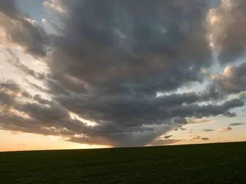 Dark storm clouds over a green field at sunset Stock Photos