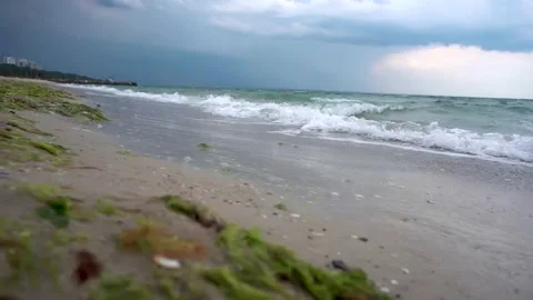 Dark storm clouds over the sea beach. Beaches without people Stock Footage 157219150