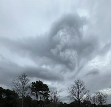 Dark storm clouds over trees in a cloudy sky Stock Photos