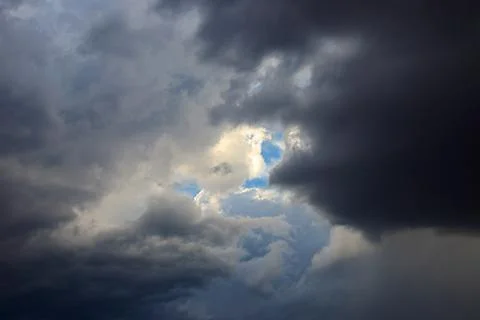 Dark storm clouds in sky before thunderstorm and rain. Dramatic sky background Stock Photos