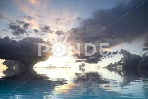Dark storm with water reflection. a sky of clouds reflected in a calm sea wit Stock Illustration