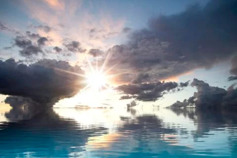 Dark storm with water reflection. a sky of clouds reflected in a calm sea wit Stock Illustration