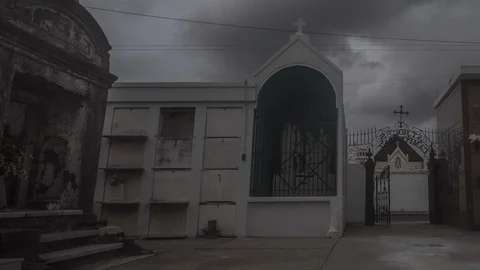 Dark, Stormy Clouds Over Historic New Orleans Cemetery, Day Time Lapse Stock Footage 94317364