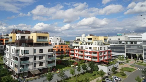 Dark Stormy clouds rolling over residential and commercial district in Prague Video stock 91365462