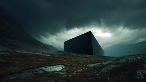 A dark stormy landscape featuring a large geometric black stone cube Video stock 315270153