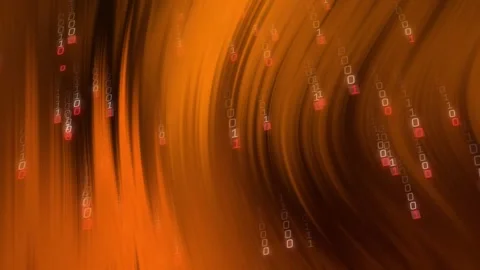 Dark streaks seeding 0s and 1s spawning along abstract orange wave, cascading Stock Footage 320916349