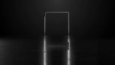 Dark studio glowing door visual neon outline, reflective surface, and empty cine Stock Footage 340572945