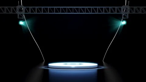 Dark studio stage with a glowing white round podium illuminated by two brig.. Stock-Footage 314217177