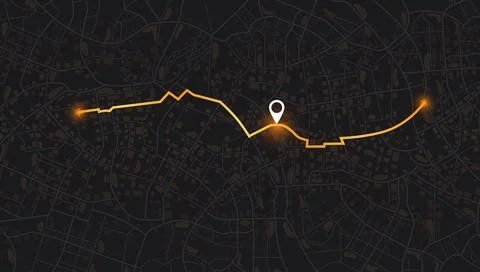 Dark styled city map background with bright orange navigation route and location Stock Illustration