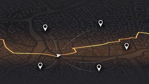 Dark styled urban road network featuring orange navigation path, directional Stock Illustration