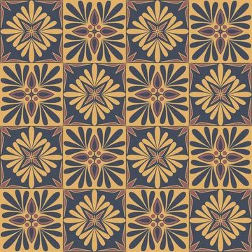 Dark stylish ceramic tile, square seamless pattern with ornate curlicues vect Stock Illustration