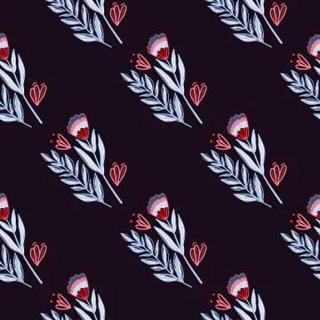 Dark stylized floral elements seamless patern. Flowers and branches in blue a Illustrazione stock