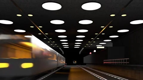 Dark Subway Platform with Round Ceiling Lights and Passing Train Stock Footage 346780673