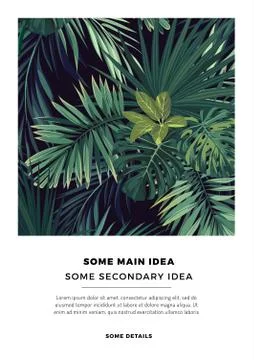 Dark summer vector tropical postcard design with green jungle palm leaves. Space Stock Illustration