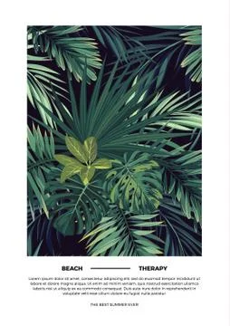 Dark summer vector tropical postcard design with green jungle palm leaves. Space 库存插图