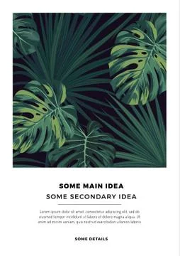 Dark summer vector tropical postcard design with green jungle palm leaves. Space Stock Illustration