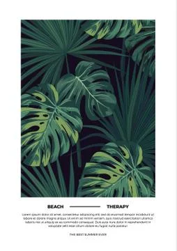 Dark summer vector tropical postcard design with green jungle palm leaves. Space Stock Illustration