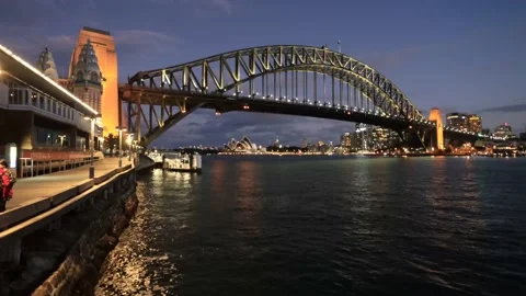 Dark sunset around major city Sydney landmarks on waterfront of Harbour. Stock Footage 135307502
