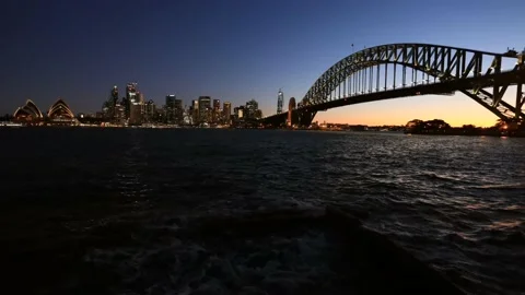 Dark sunset timelapse in Sydney with Sydney Harbour CBD waterfront landmarks. Stock Footage 134687892