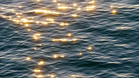 Dark surface of the sea is waving slowly. Sun is reflecting on the water Stock Footage 112595909