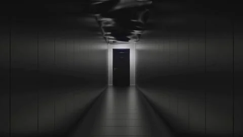 Dark Surreal Corridor with Door at End Horror Monochrome Scene 库存影片 334563067