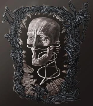 Dark surreal head in a broken mirror Stock Illustration