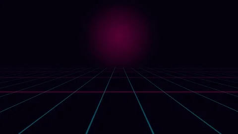 A dark synthwave landscape featuring a glowing purple sun on the horizon Stockbeeldmateriaal 338310074