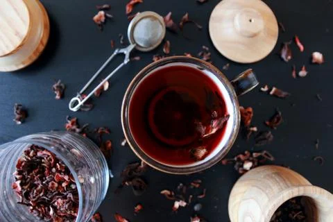 Dark table tea composition. Brown cup. Cold warm background Stock Photos