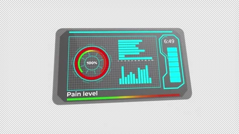 Dark tablet displaying pain level gauge and trend bars, neon cyan ui with Stock Footage 321954647