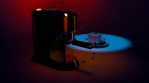 Dark tabletop coffee maker, two cups and scattered beans in minimalist scene Stock Photos