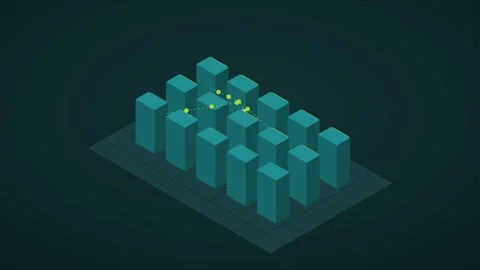 Dark teal and lime isometric data center animation, seamless loop with no text Stock Footage 346257968